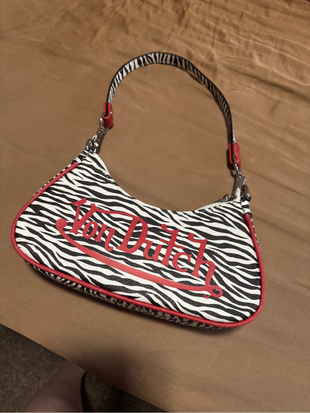 Von Dutch Black & White Zebra Shoulder Bag with Red Logo Trim